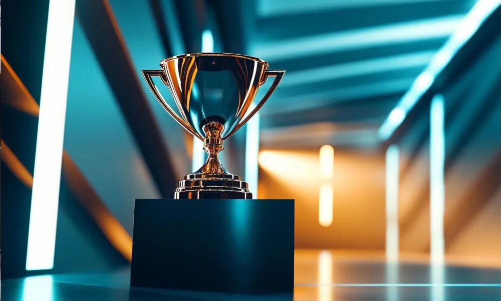 Un trophée doré étincelant posé sur un socle, dans un décor futuriste aux tons bleus et orangés, symbolisant une distinction prestigieuse reçue par le groupe ASTOTEL