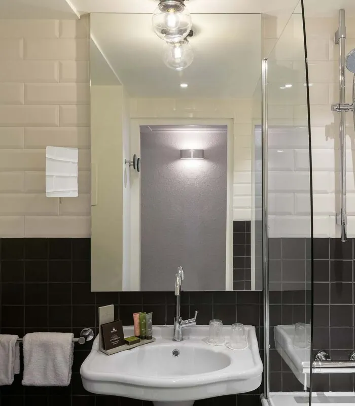 Salle de bain de la Chambre Privilège avec un lavabo, un miroir et une douche à l’Hôtel 34B