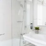 Salle de bain de la chambre twin avec un lavabo et une douche, avec une plante sur le comptoir à l’Hôtel 34B