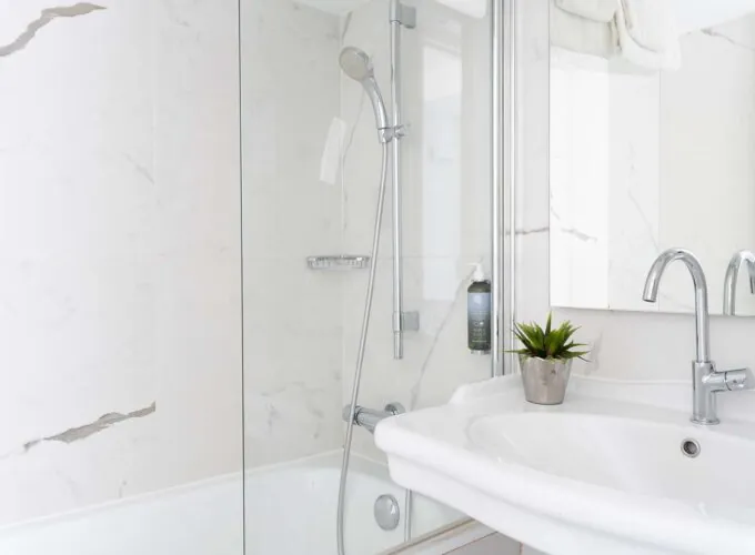 Salle de bain de la chambre twin avec un lavabo et une douche, avec une plante sur le comptoir à l’Hôtel 34B