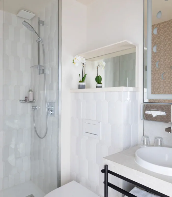 Salle de bain Privilège Bouglione avec un toilette, un lavabo et une douche à l’hôtel Astra Opéra