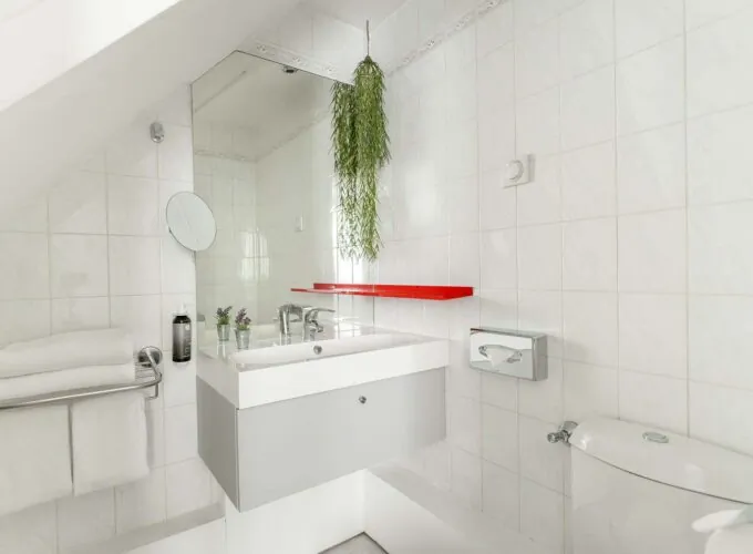Chambre Communicante salle de bain avec un lavabo, des toilettes et un miroir à l’hôtel George