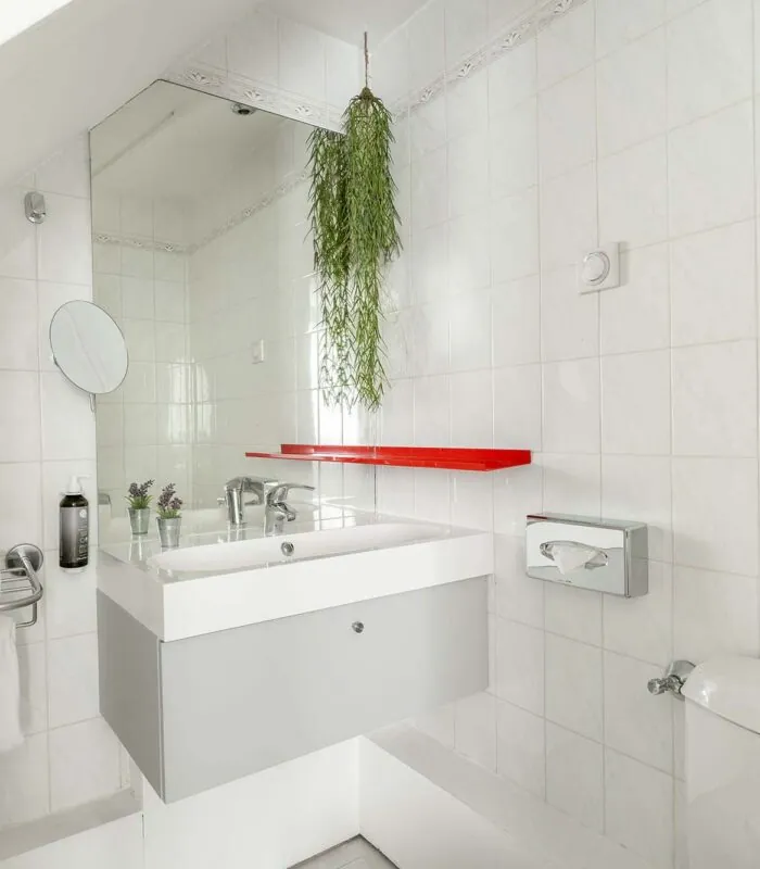 Chambre Communicante salle de bain avec un lavabo, des toilettes et un miroir à l’hôtel George