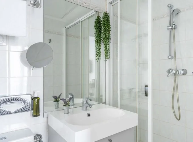 Salle de bain de la Chambre Single avec un lavabo, un miroir et une douche à l’Hôtel George