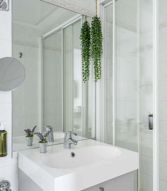 Salle de bain de la Chambre Single avec un lavabo, un miroir et une douche à l’Hôtel George