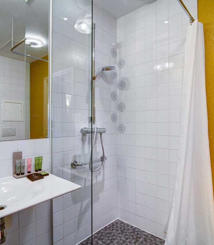 Salle de bain de la Chambre Twin à l’hôtel Joyce avec un lavabo et une douche à l’italienne