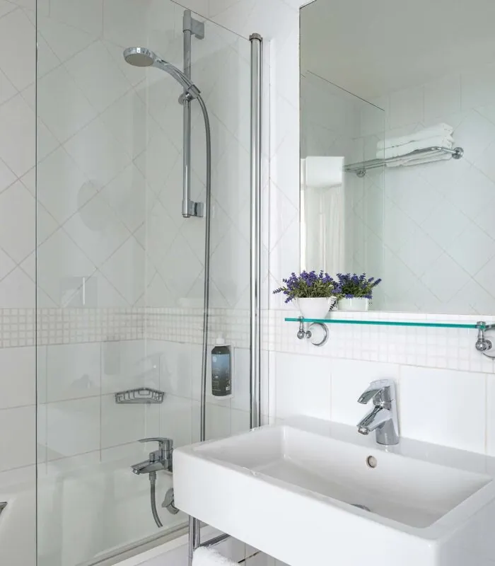 Salle de bain d’une Chambre Privilège avec un lavabo, un miroir et une douche à l’Hôtel Lorette