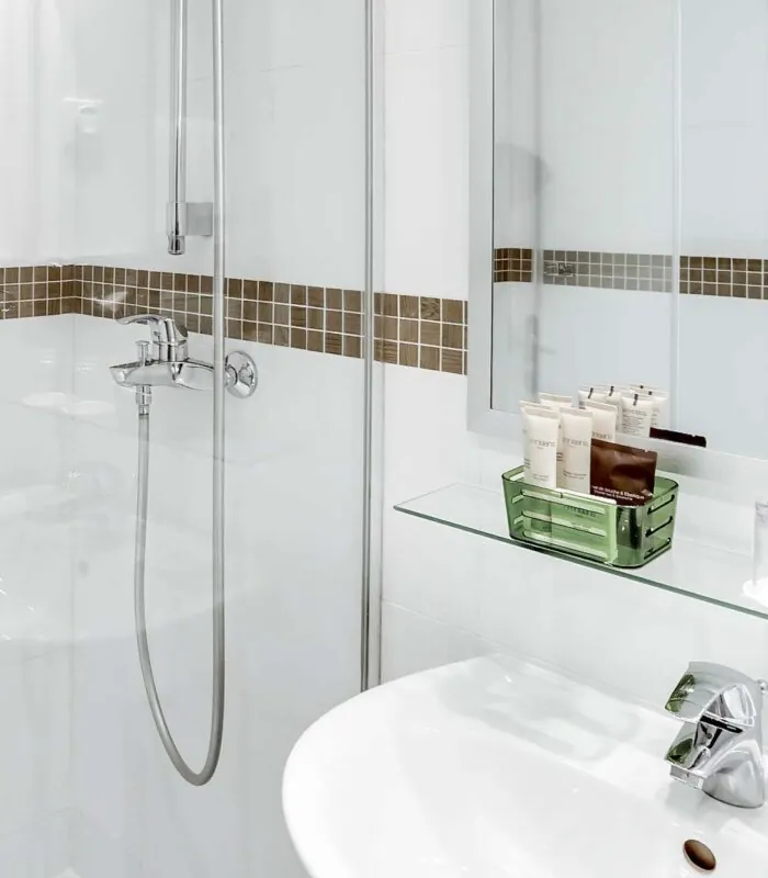 Salle de bain d’une chambre Double avec un lavabo, un miroir et une douche à l’Hôtel Monterosa