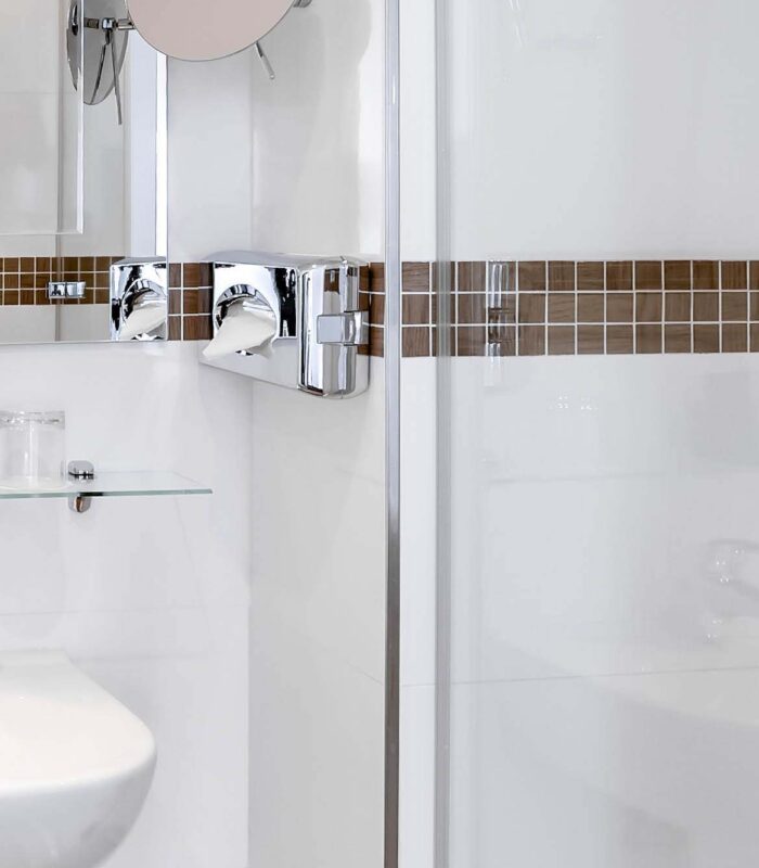 Salle de bain d’une chambre Single avec un lavabo, un miroir et une douche à l’Hôtel Monterosa