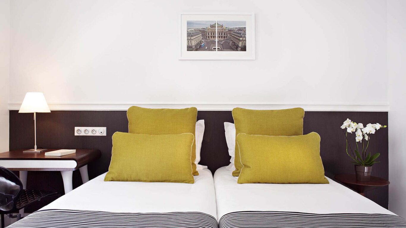 Chambre Twin à l’Hôtel Monterosa à Paris avec deux lits, offrant un cadre confortable et tranquille pour les voyageurs seuls, amis ou collègues