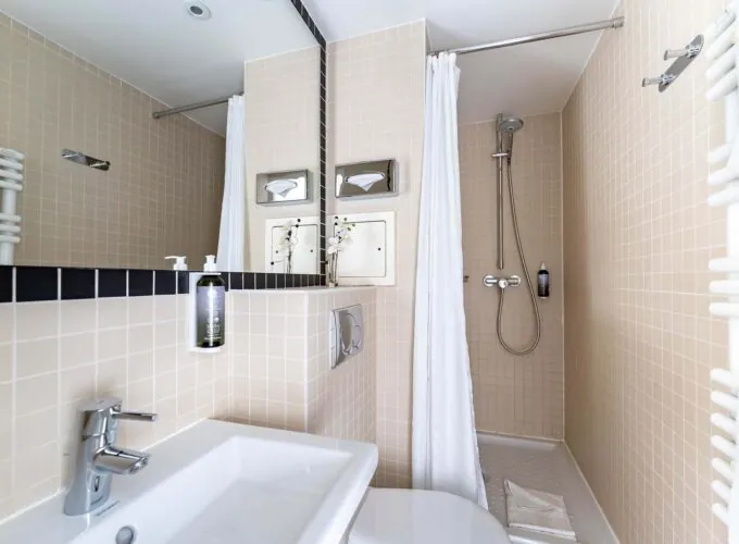 Salle de bain d’une chambre Single avec des toilettes, un lavabo et un rideau de douche à l’Hôtel Palm