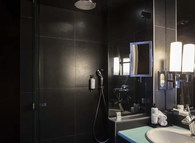 Salle de bain Chambre Single avec un lavabo, un miroir et une pomme de douche à l’hôtel Regent’s Garden