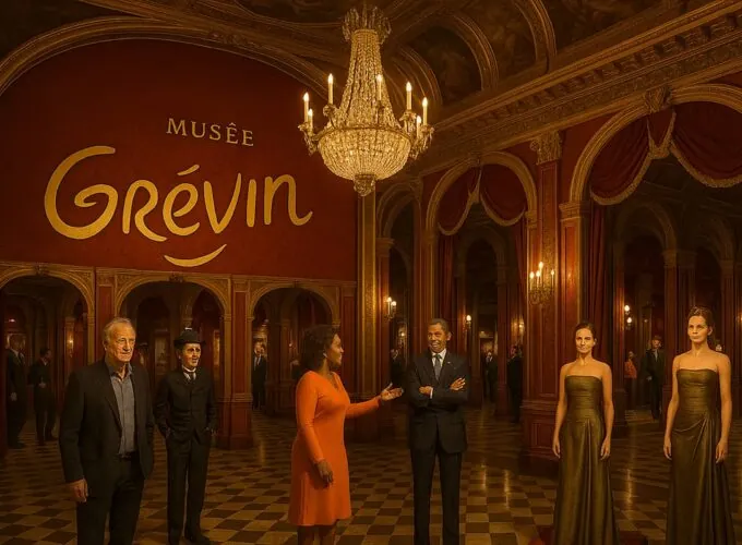 Image d’illustration du musée Grévin à Paris, montrant une salle richement décorée avec des statues de cire représentant des personnalités publiques.