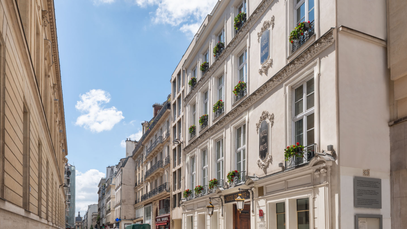 Exterior view of the façade of the 4-star Malte Hotel by the Astotel group in Paris, 2nd arrondissement