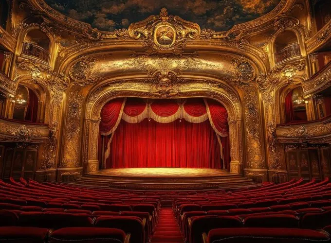 Salle de l’Opéra Garnier à Paris avec décor baroque doré, rideau rouge et balcon sculpté.